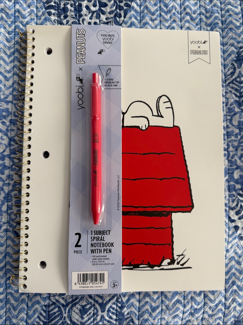 Yoobi Peanuts Snoopy Spiral Notebook with Red Pen NWT